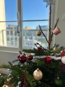 ブレストにあるAppartement neuf - Vue sur la mer et la Tour Tanguyの窓際の飾り付きのクリスマスツリー