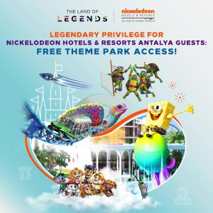 um panfleto para a terra do parque legendsorney para hotéis e resorts Nickelodeon em The Land Of Legends Nickelodeon Hotel Antalya em Belek