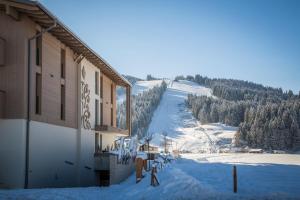 einen schneebedeckten Berg mit einem Gebäude und einer Skipiste in der Unterkunft Enjoy The Alps in Flachau