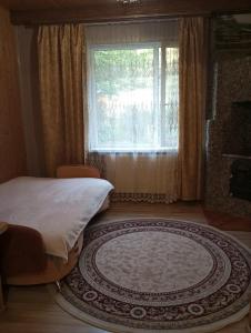 1 dormitorio con cama, ventana y alfombra en Карпатські ночі, en Yaremche