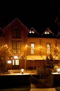 a house with christmas lights on it at night at Waterloo Village in Pidhorodne