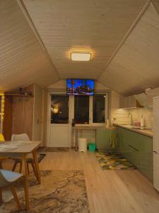 a kitchen with green cabinets and a table and a sink at Три-О Апартаменти з балконом, без сусідів за стінкою, для 2-4 осіб in Slavske