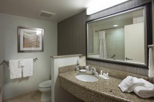 a bathroom with a sink and a toilet and a mirror at Courtyard by Marriott Fayetteville in Fayetteville