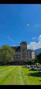 un gran edificio con un campo verde delante de él en SAVOY 26, en Interlaken