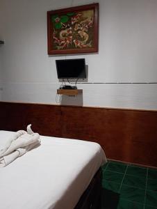 una camera da letto con un letto e un monitor sul muro di Wahyu Gili 1 a Gili Trawangan