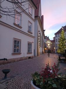 una strada vuota con un albero di Natale e un edificio di Betlem Prague Apartments a Praga