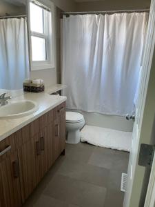 y baño con aseo, lavabo y ducha. en Cozy 3 Bedroom home, en Spruce Grove