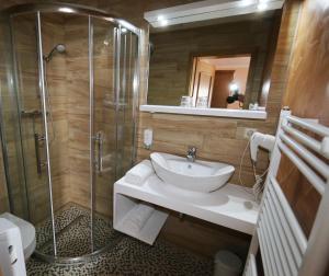 a bathroom with a sink and a shower at Hotel Sonnekalb in Naumburg