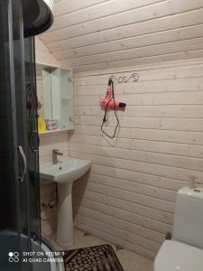 een badkamer met een wastafel en een douche met een roze handtas aan de muur bij Nota Bene Mykulychyn in Mykulychyn