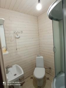 een kleine badkamer met een toilet en een wastafel bij Nota Bene Mykulychyn in Mykulychyn