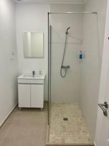 a bathroom with a glass shower and a sink at Galagana Charm House in Golegã