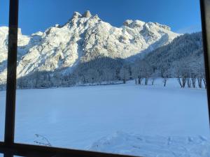 una ventana con vistas a una montaña nevada en Alpen Appartements Oberlehengut, en Werfenweng