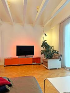 soggiorno con TV a schermo piatto e armadietto arancione di Klimatisierte Wohnung mit großer Terrasse a Deidesheim