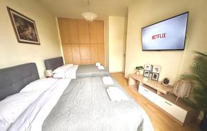 - une chambre avec 2 lits et une télévision à écran plat dans l'établissement George Airport Apartments, à Héraklion