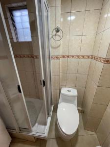 a small bathroom with a toilet and a shower at Alojamientos en Torrealba, Recreo in Viña del Mar