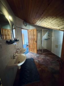 un bagno con due lavandini e una porta in legno di Penzion Berany a Jablonec nad Nisou