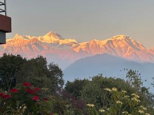 een uitzicht op een bergketen met bomen en bloemen bij Hotel Pristine Himalaya in Pokhara