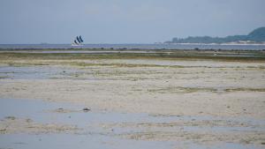 een zandstrand met een boot in het water bij Mola2 Resort Gili Air in Gili Air