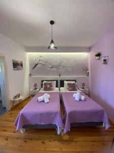 two beds in a room with purple sheets at Takis Family Corfu in Kontokali