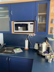 a blue kitchen with a sink and a microwave at Apartmán Pec 322 in Pec pod Sněžkou