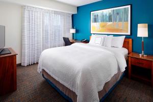 Residence Inn Saint Louis Airport / Earth City في مدينة ايرث: غرفة فندق بسرير كبير وجدران زرقاء