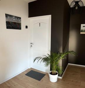 um corredor com uma porta branca e um vaso de plantas em 4 STARS APARTMENTS Near Airport em Velika Gorica