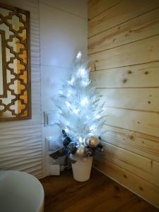 een witte kerstboom in een pot in een kamer bij Domek Pocieszna Podkowa in Rabka-Zdroj