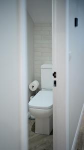 een badkamer met een wit toilet in een kamer bij Snowdonia Quarryman cottage in Llanberis