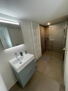 bagno con lavandino bianco e doccia di Mail 62 a Neuchâtel