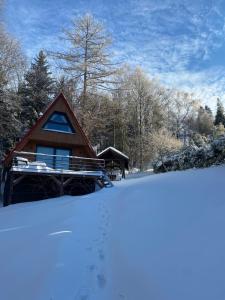 une cabine dans la neige avec des empreintes de pied dans la neige dans l'établissement Duszek Lasu, à Brenna