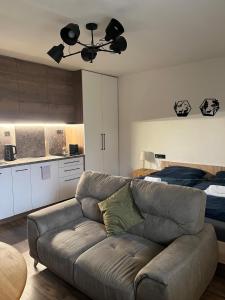 a living room with a couch and a bed at IQ Apartments in Prešov