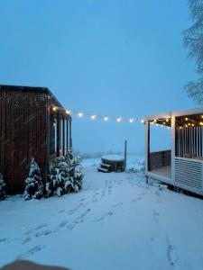 een tuin bedekt met sneeuw met een lichtje bij Under Sky Slavske - Котеджі з приватним чаном-джакузі, панорамною ванною та PlayStation 5 in Slavske