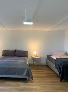 una camera con due letti e un tavolo con una lampada di Ferienwohnung mit 3 Schlafzimmern und Parkplatz - Wohnung 1 a Wolfhagen