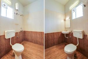 two pictures of a bathroom with a toilet and a sink at Hotel O ECR Stays Near Nemmeli Beach formerly GVS Homes in Chennai