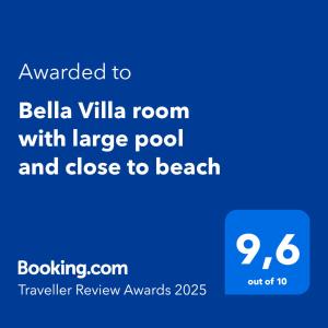 Un certificat, premiu, logo sau alt document afișat la Bella Villa room with large pool and close to beach