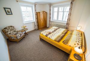 - une chambre avec un lit et une chaise dans l'établissement Pension Jana, à Český Krumlov