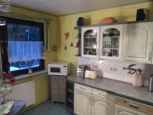 a kitchen with a counter with a microwave and a window at Ferienhaus Schulze in Schierke