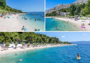 three pictures of a beach with people in the water at La Playa Beach Apartment in Omiš