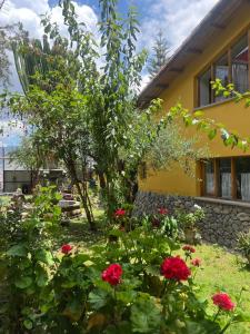 un jardín frente a una casa con flores rojas en Yanapanakusun Cusco, en Cusco