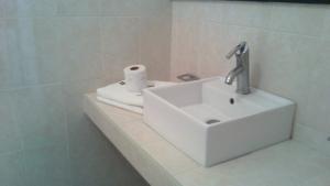 a bathroom with a sink and a roll of toilet paper at Hotel Real de Cuautla in Cuautla Morelos