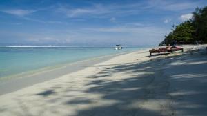 ławka siedząca na plaży nad oceanem w obiekcie Beach Grand & Spa Premium w mieście Hulhumale