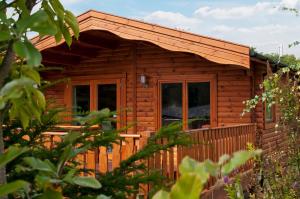 a log cabin with a porch and windows at South Winchester Lodges in Winchester