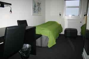 um quarto com uma cama com um lençol verde em Danhostel Svendborg em Svendborg