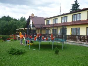 een groep kinderen die spelen in een speeltuin in een tuin bij Penzion u Kukačků in Horní Planá