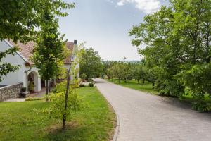 uma estrada de paralelepípedos em frente a uma casa em Figula Vendégház em Balatonfüred