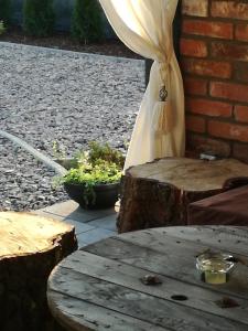 een patio met een boomstronk en een houten tafel bij Cudodomek SPA w Mrozach Wielkich koło Ełku in Ełk