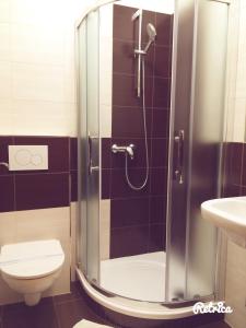 a bathroom with a shower with a toilet and a sink at Penzion Tenis Klub DEZA in Valašské Meziříčí