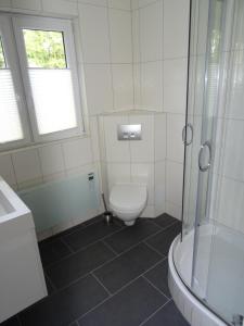 een witte badkamer met een toilet en een douche bij Schwedenhaus im Grünen in Oranienburg