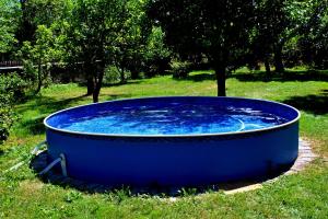 une grande baignoire bleue assise dans l'herbe dans l'établissement Apartment Telč Hradecka, à Telč