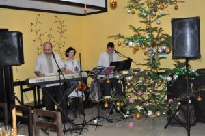 een groep mensen die muziek spelen in een kamer met een kerstboom bij Sribni Rosy in Mykulychyn